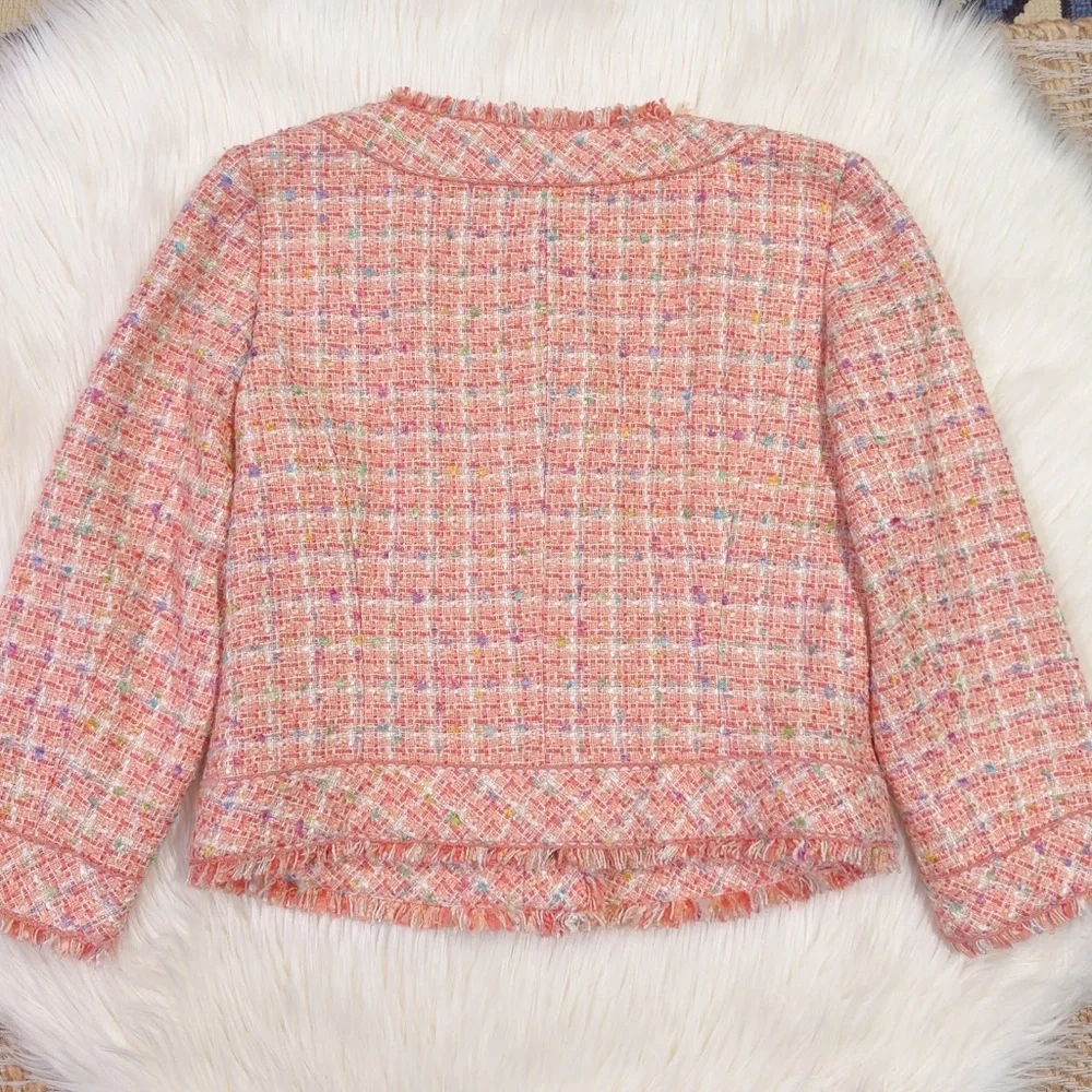 Ice Women's Pink Multi Fringe Silk Blend Tweed Short Blazer Jacket Size 8 - Picture 6 of 9